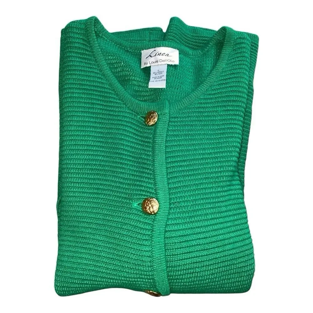 Wool Blend Green Knit Cardigan Sweater with Gold Buttons sz L